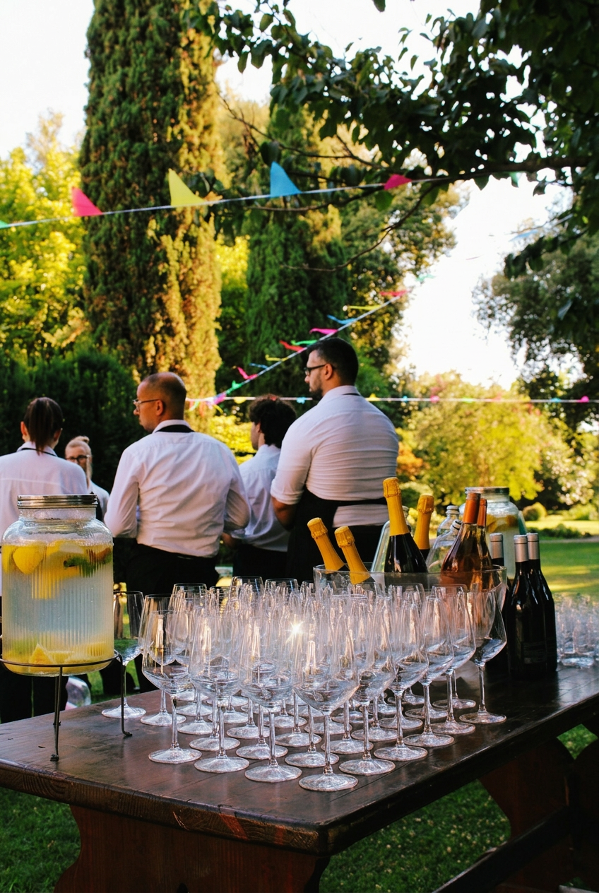 Aperitivo di benvenuto allestito nel parco al tramonto