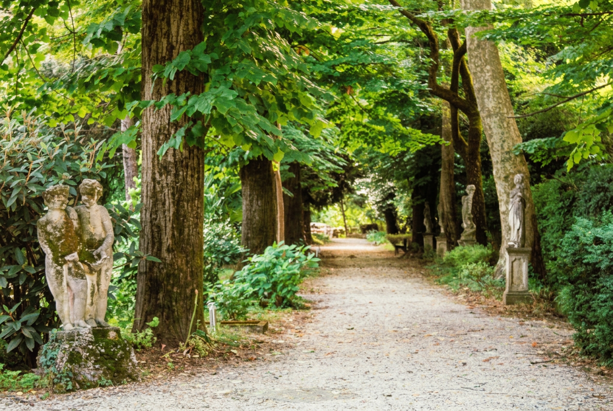 Viale del parco storico con statue