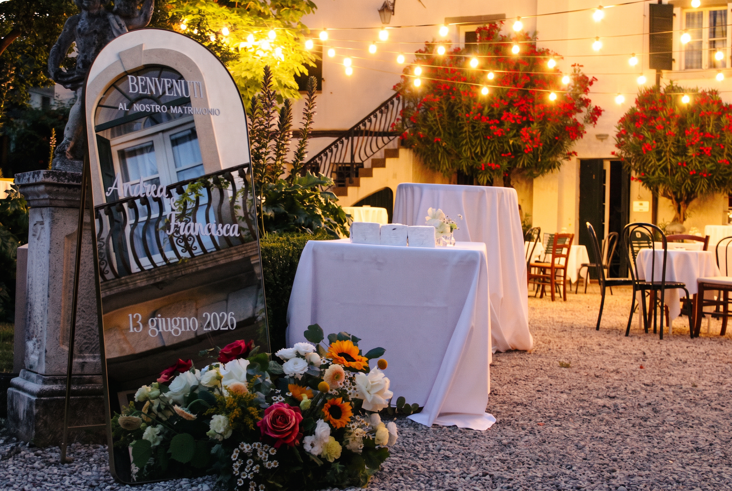 Cartello di benvenuto al matrimonio al tramonto